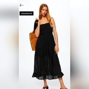 Mango Black Open Work Eyelet Halter with Ruffle Hem Dress